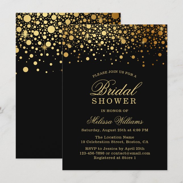 Faux Gold Foil Confetti | Black Bridal Shower Invitation (Front/Back)