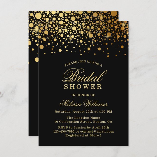 Faux Gold Foil Confetti | Black Bridal Shower Invitation (Front/Back)