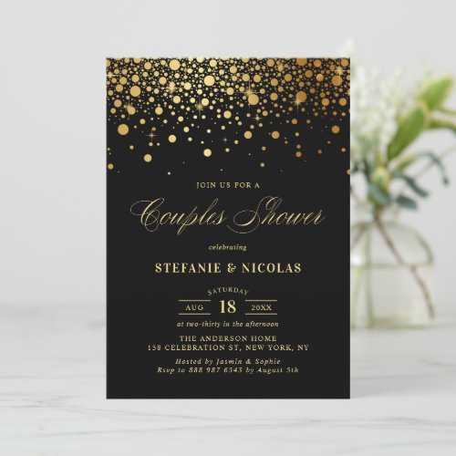 Faux Gold Foil Confetti Black Couples Shower Invitation
