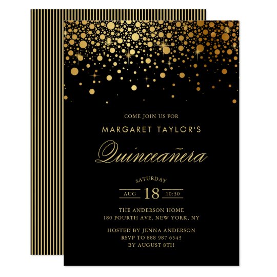 Faux Gold Foil Confetti Black Quinceañera Invitation 