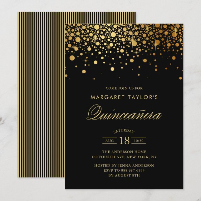 Faux Gold Foil Confetti Black Quinceañera Invitation (Front/Back)