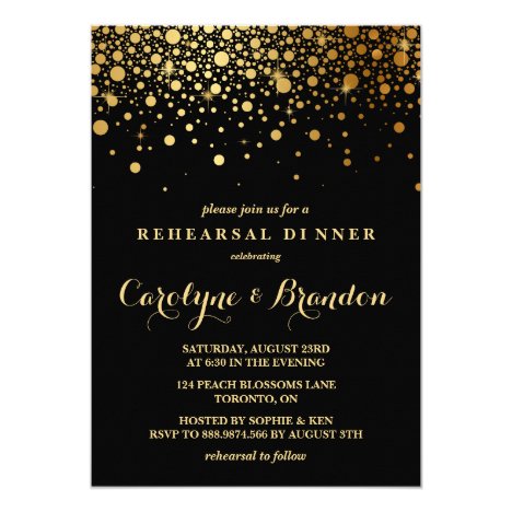 Faux Gold Foil Confetti | Black Rehearsal Dinner Card