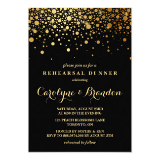 Faux Gold Foil Confetti | Black Rehearsal Dinner Invitation