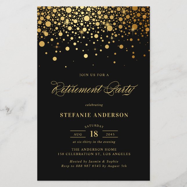 Faux Gold Foil Confetti Black Retirement Invite (Front)