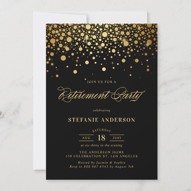 Faux Gold Foil Confetti Black Retirement Party Invitation (Front)