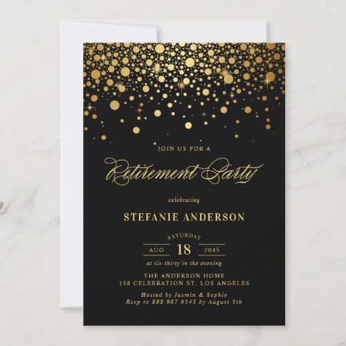 Faux Gold Foil Confetti Black Retirement Party Invitation