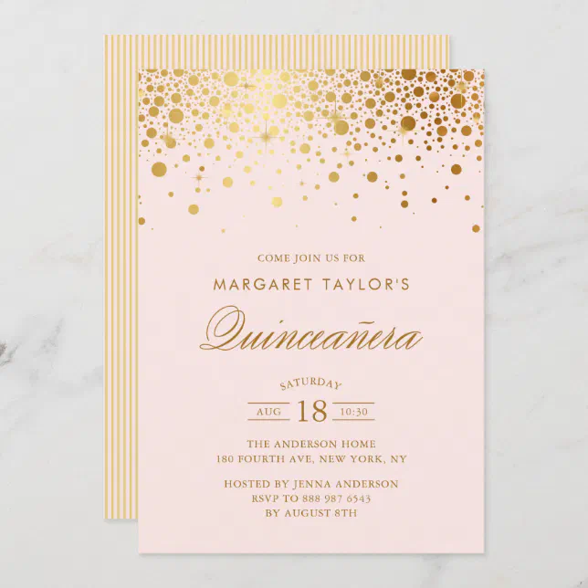 Faux Gold Foil Confetti Blush Pink Quinceañera Invitation | Zazzle