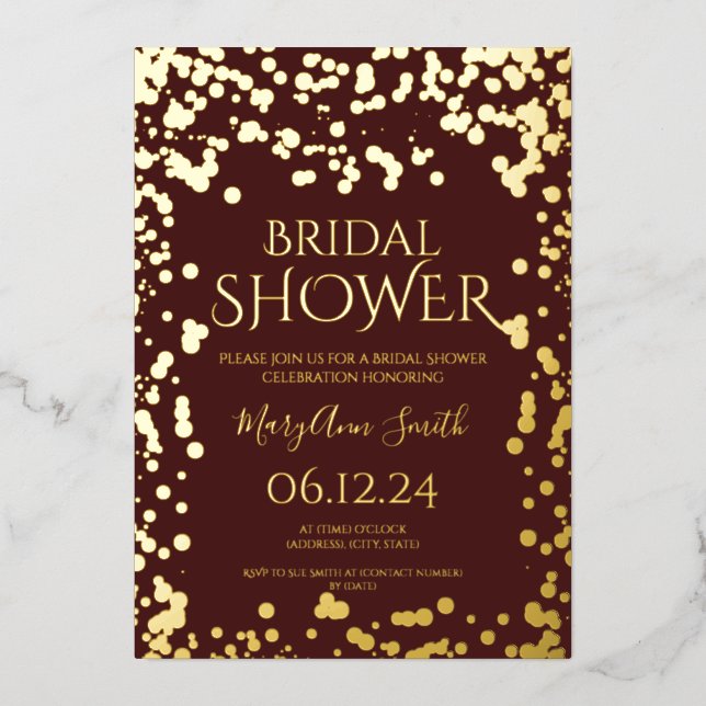Faux Gold Foil Confetti Bridal Shower Burgundy  Foil Invitation (Front)