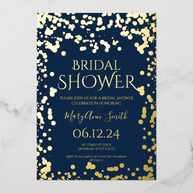 Faux Gold Foil Confetti Bridal Shower Navy Blue Foil Invitation (Front)
