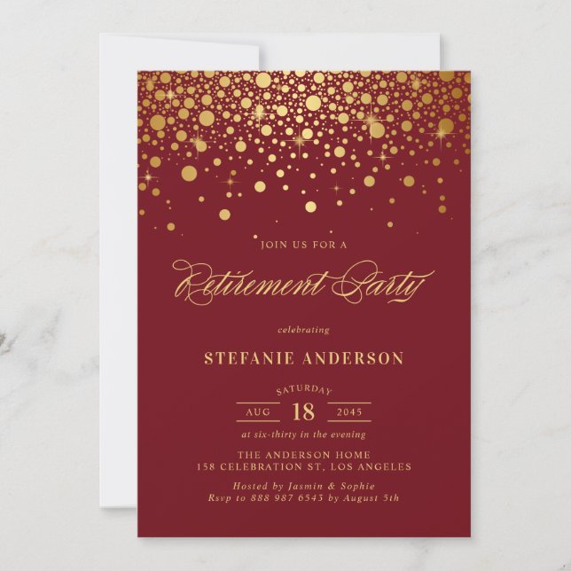 Faux Gold Foil Confetti Burgundy Retirement Party Invitation (Front)