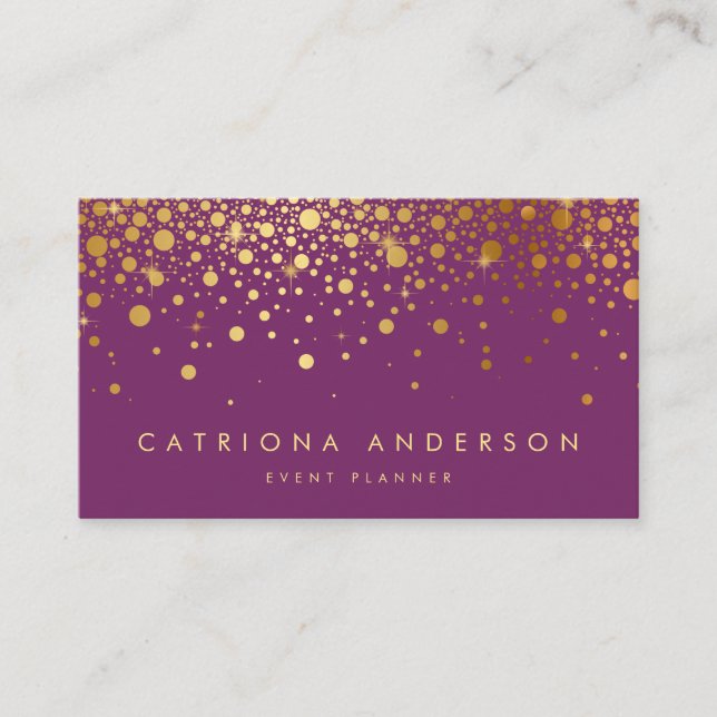 Faux Gold Foil Confetti Business Card | Purple (Front)
