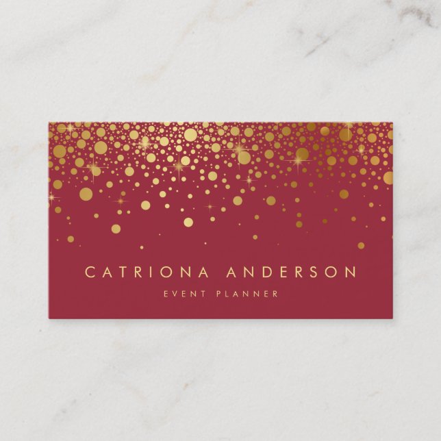 Faux Gold Foil Confetti Business Card | Red (Front)