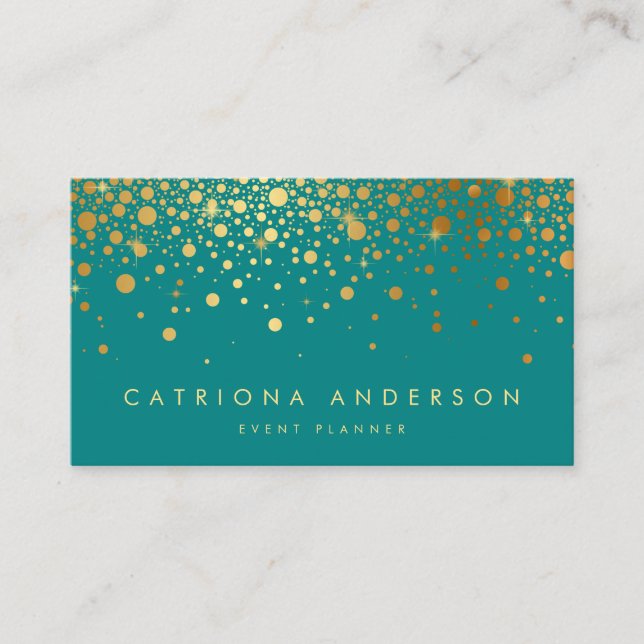 Faux Gold Foil Confetti Business Card | Teal (Front)