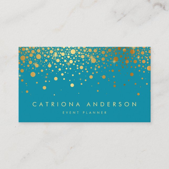 Faux Gold Foil Confetti Business Card | Teal II (Front)