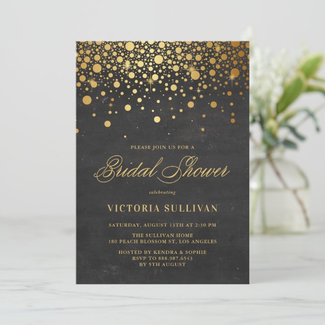 Faux Gold Foil Confetti Chalkboard Bridal Shower Invitation (Standing Front)