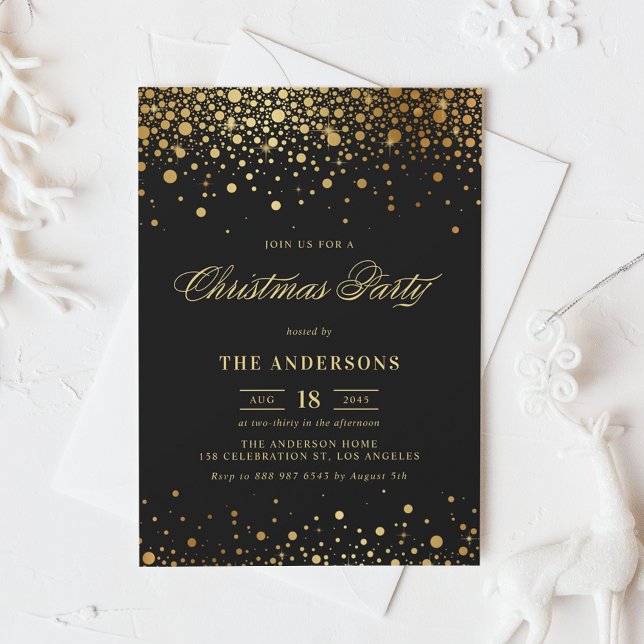Faux Gold Foil Confetti Christmas Party | Black Invitation (Creator Uploaded)