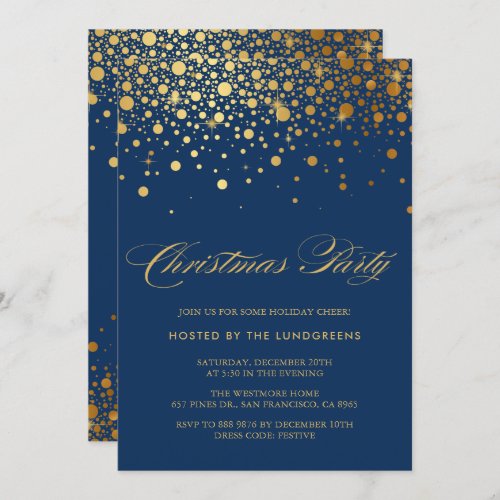 Faux Gold Foil Confetti Christmas Party  Blue Invitation