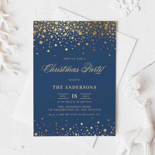 Faux Gold Foil Confetti Christmas Party | Blue Invitation (Creator Uploaded)