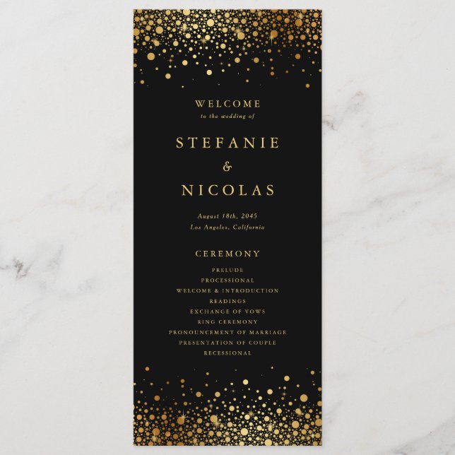 Faux Gold Foil Confetti Dots Black Wedding Program (Front)