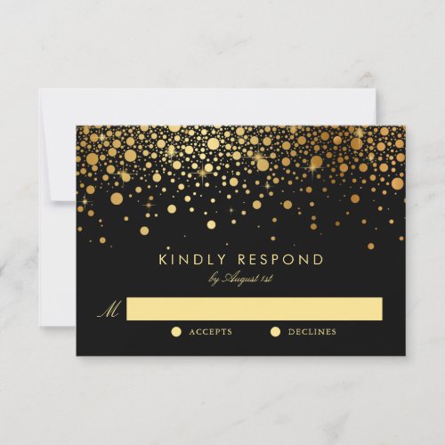 Faux Gold Foil Confetti Dots Black Wedding RSVP Card