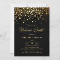 Faux Gold Foil Confetti Dots Black Welcome Party