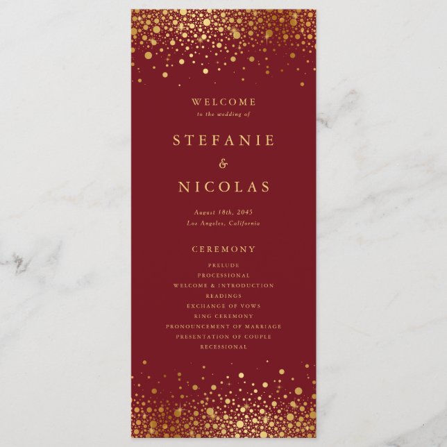 Faux Gold Foil Confetti Dots Burgundy Wedding Program (Front)