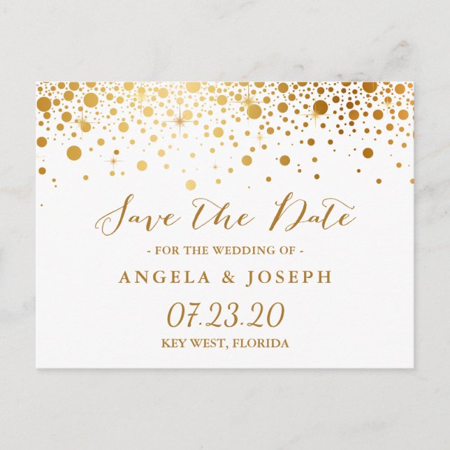 Faux Gold Foil Confetti Dots Elegant Save the Date Announcement Postcard (Front)