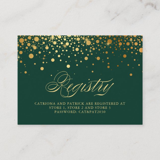 Faux Gold Foil Confetti Dots Green Registry Card (Front)