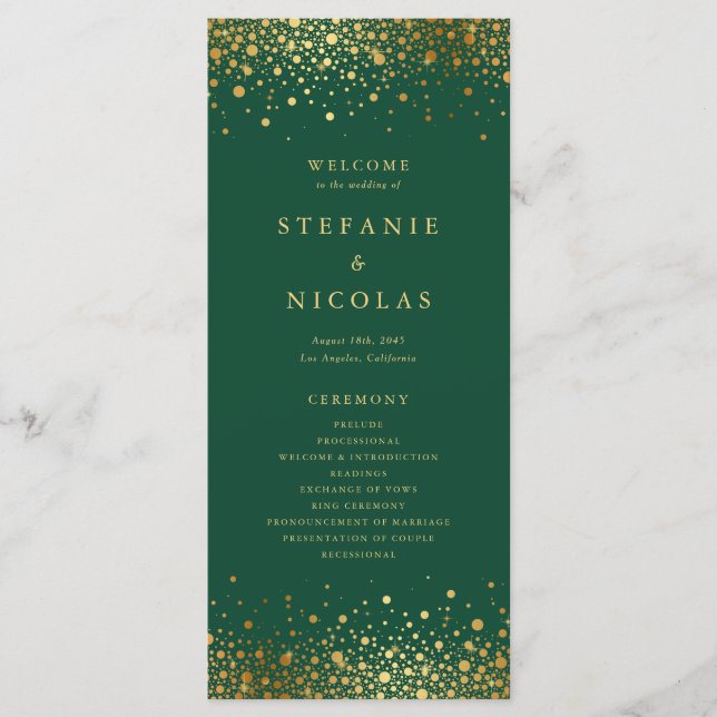 Faux Gold Foil Confetti Dots Green Wedding Program (Front)