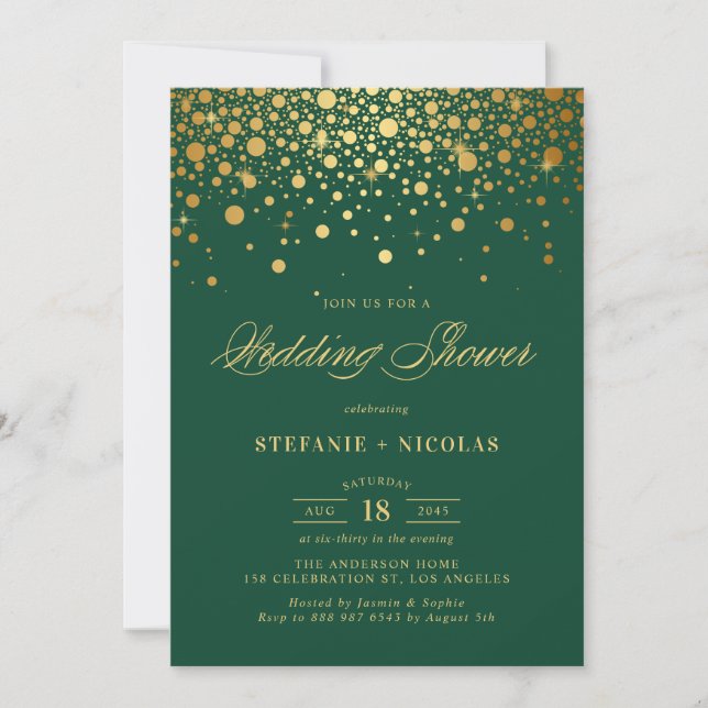 Faux Gold Foil Confetti Dots Green Wedding Shower Invitation (Front)