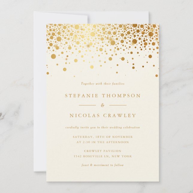 Faux Gold Foil Confetti Dots Ivory Wedding Invitation (Front)