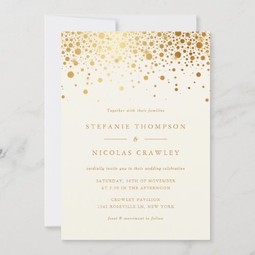 Faux Gold Foil Confetti Dots Ivory Wedding Invitation