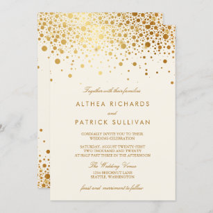 Faux Gold Foil Confetti Dots   Ivory Wedding Invitation