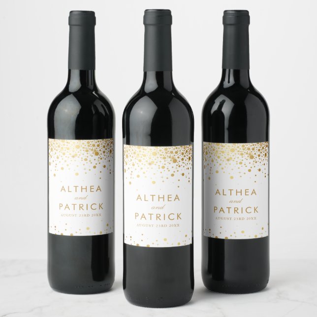 Faux Gold Foil Confetti Dots Modern Wedding Wine Label (Bottles)