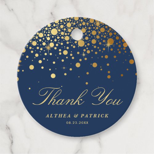 Faux Gold Foil Confetti Dots Navy Blue Thank You Favor Tags