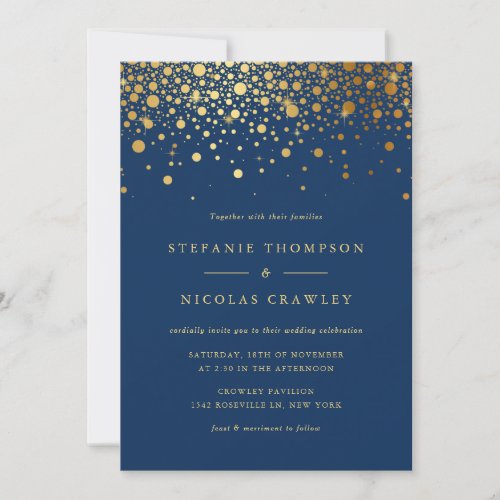 Faux Gold Foil Confetti Dots Navy Blue Wedding Invitation