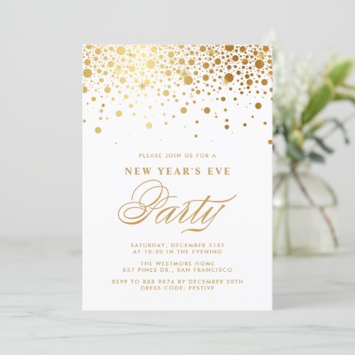 Faux Gold Foil Confetti Dots New Years Eve Party Invitation