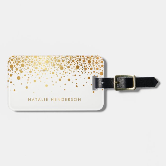 Faux Gold Foil Confetti Dots Personalized Luggage Tag (Front Horizontal)