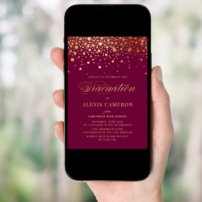 Faux Gold Foil Confetti Dots Purple Graduation Invitation (Front Digital)