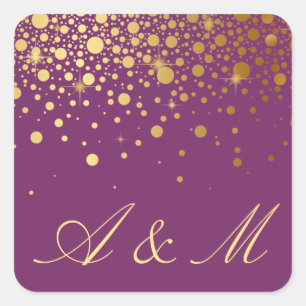 Faux Gold Foil Confetti Dots Purple Monogram Square Sticker