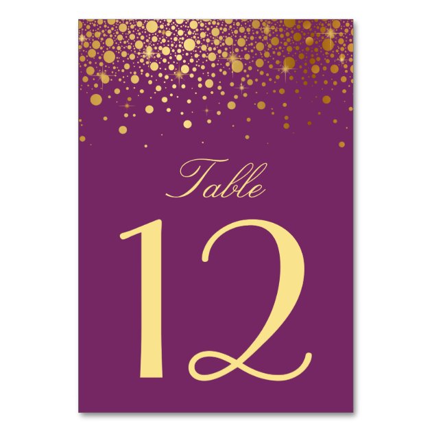 Faux Gold Foil Confetti Dots Purple Table Number Card