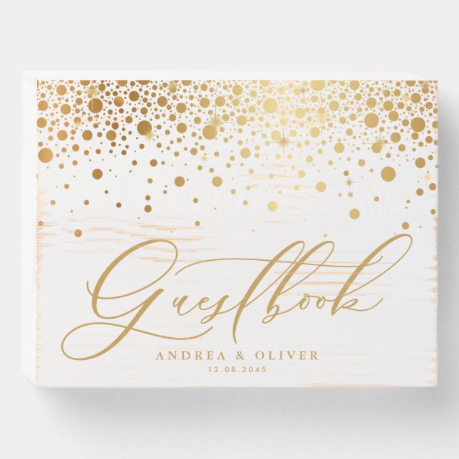Faux Gold Foil Confetti Dots Wedding Guest Book Wooden Box Sign (Front Horizontal)