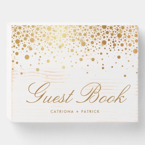 Faux Gold Foil Confetti Dots Wedding Guest Book Wooden Box Sign