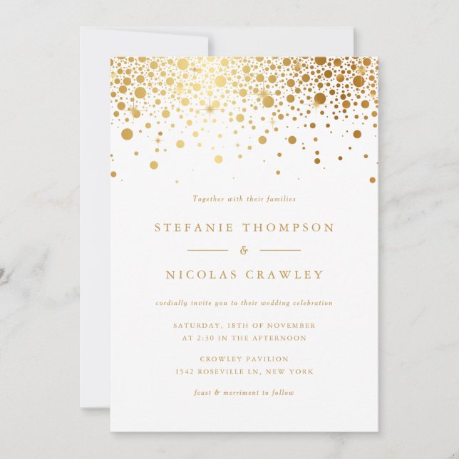 Faux Gold Foil Confetti Dots Wedding Invitation (Front)