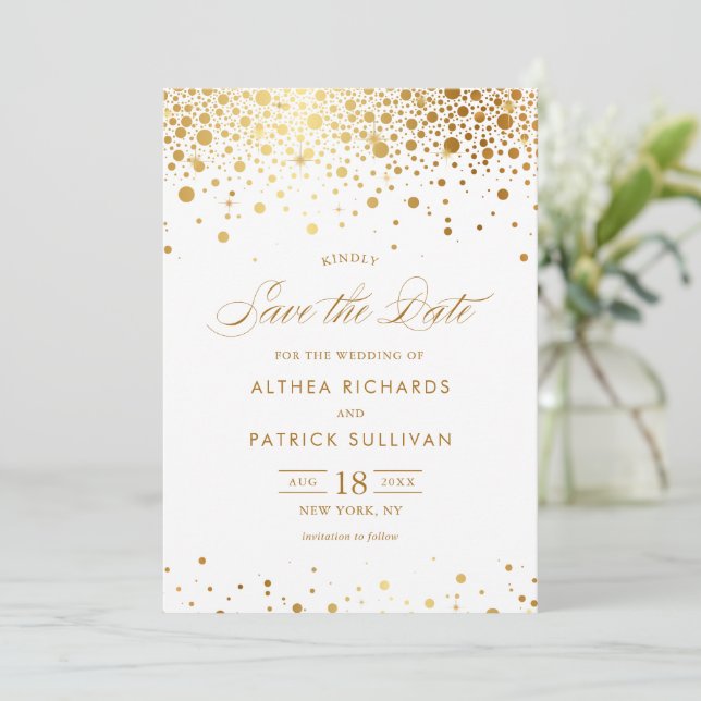 Faux Gold Foil Confetti Dots Wedding Save The Date (Standing Front)