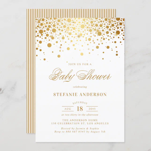 Faux Gold Foil Confetti Dots White Baby Shower Invitation | Zazzle