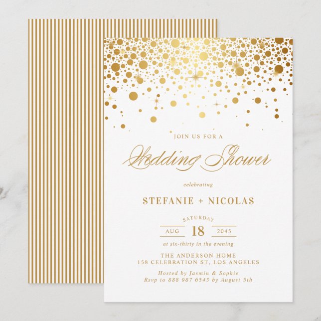 Faux Gold Foil Confetti Dots White Wedding Shower Invitation (Front/Back)