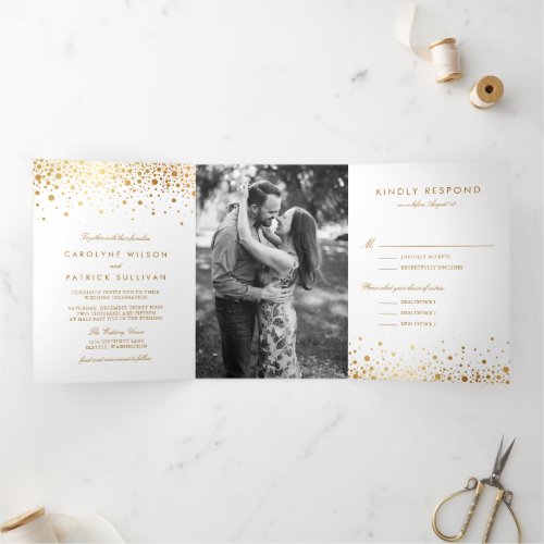 Faux Gold Foil Confetti Dots White Wedding Tri_Fold Invitation