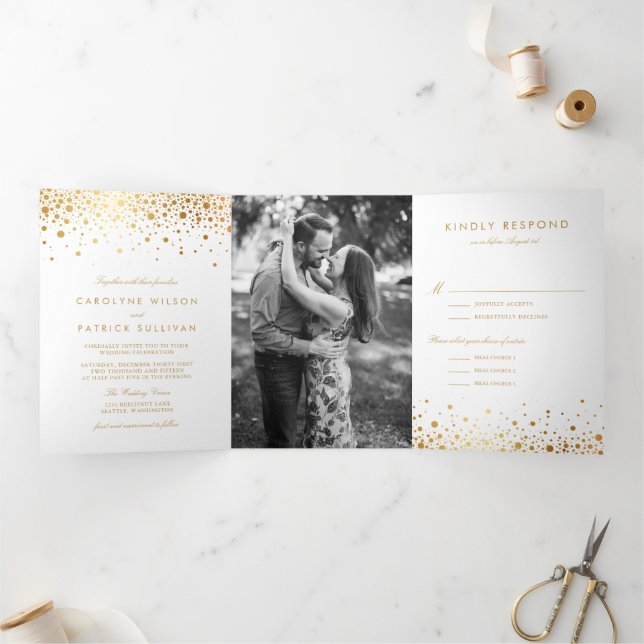 Faux Gold Foil Confetti Dots White Wedding Tri-Fold Invitation (Inside)