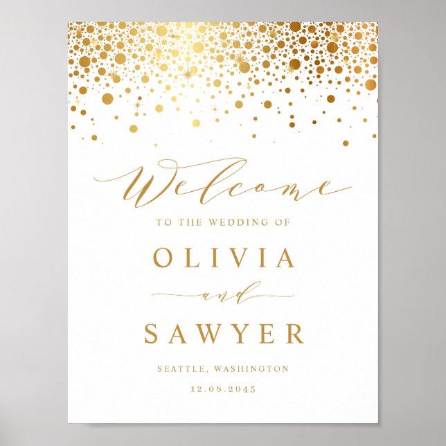 Faux Gold Foil Confetti Dots White Wedding Welcome Poster (Front)